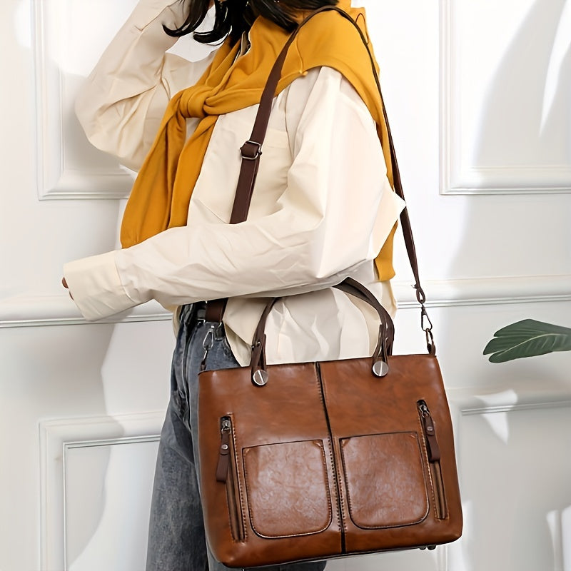 Vintage-Style Large Capacity Tote Bag for Women - Brown Shoulder & Crossbody Purse with Multiple Compartments, Adjustable Strap, and Zipper Closure, Secure Travel Bag | Elegant Accessory | Functional Zipper Pockets