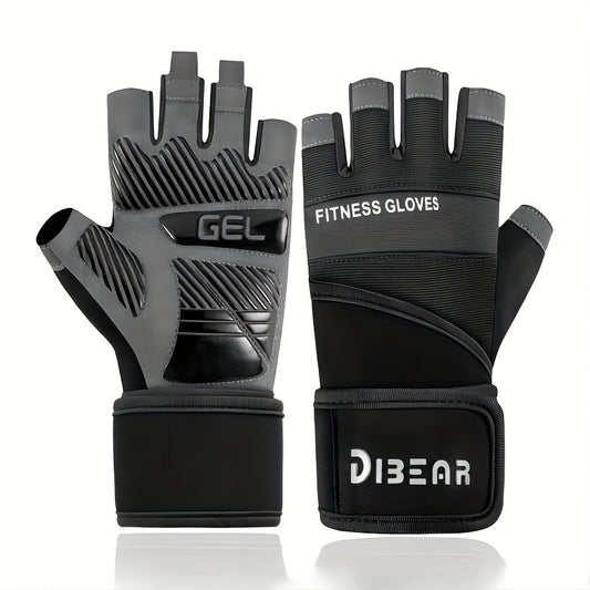 Half Finger Gym Gloves - Extra-Long Wrist Support & Non-Slip Palms for Weight Lifting, Gym Training, Cycling - Durable Black/Brown Design with Adjustable Buckle Closure - Unisex Fitness Gloves, Gym Accessories, Weightlifting