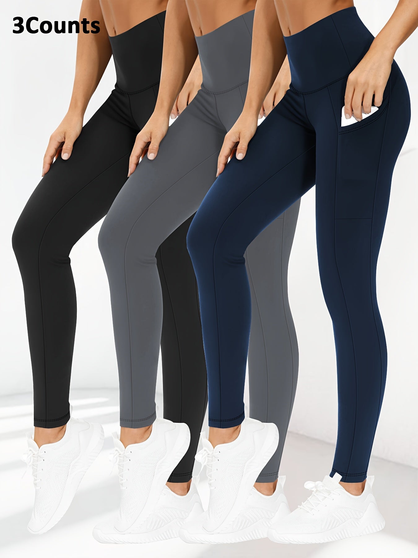 3pcs Set Women's High-Waisted Tummy Control Yoga Leggings - Full-Length Opaque Workout Pants with Pockets, 4-Way Stretch Soft Athletic Gym Pants for Running, Fitness, Yoga & Casual Attire - All-Season Tight Bodycon Leggings (