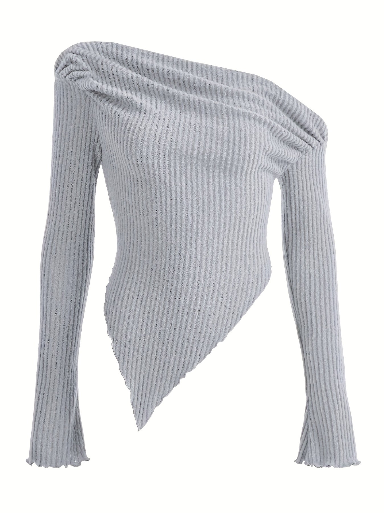 Solid Ruched Asymmetrical Neck T-Shirt, Casual Hanky Hem Long Sleeve Top For Spring & Fall, Women's Clothing