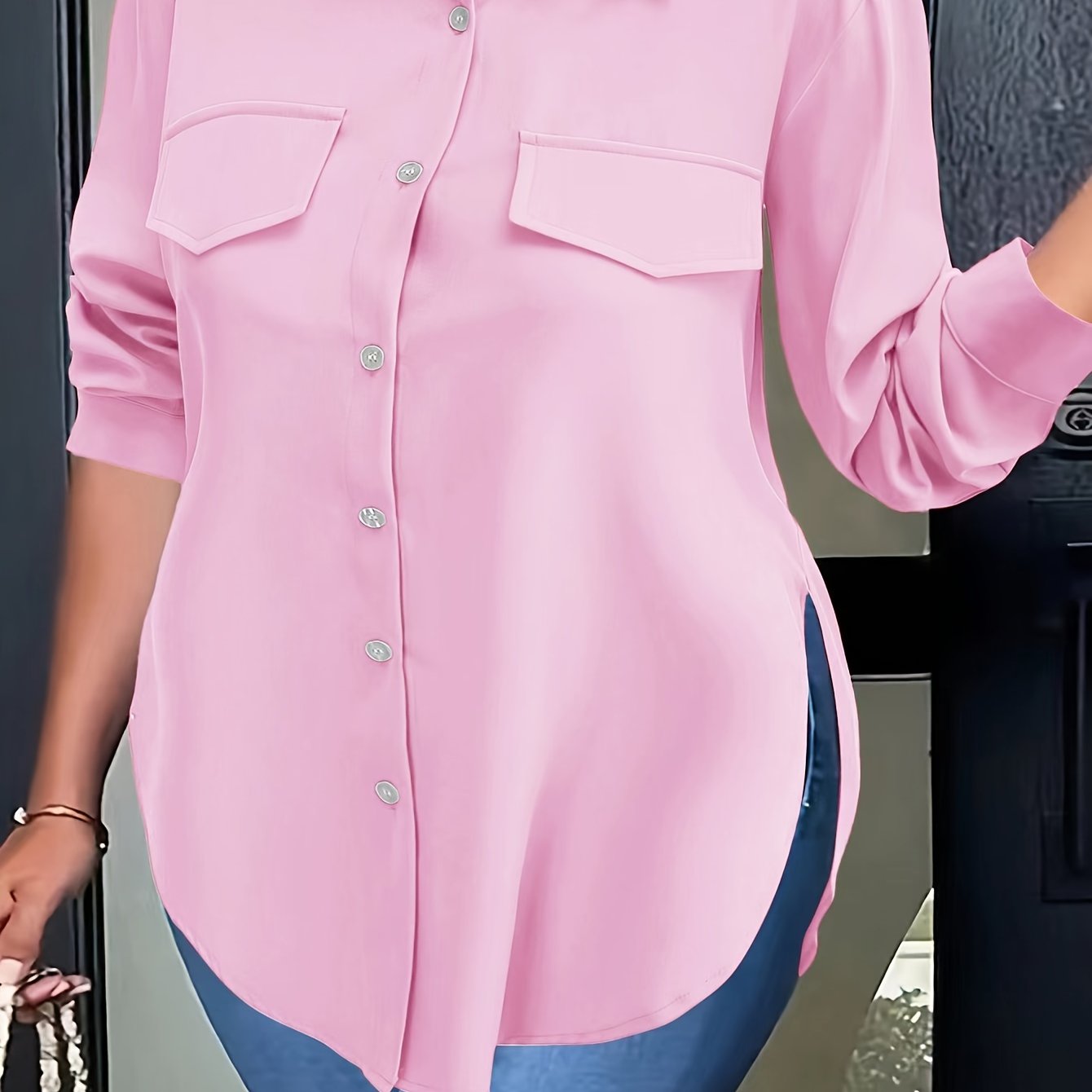 Plus Size Curved Hem Blouse, Casual Button Front Collared Blouse For Spring, Women's Plus Size Clothing