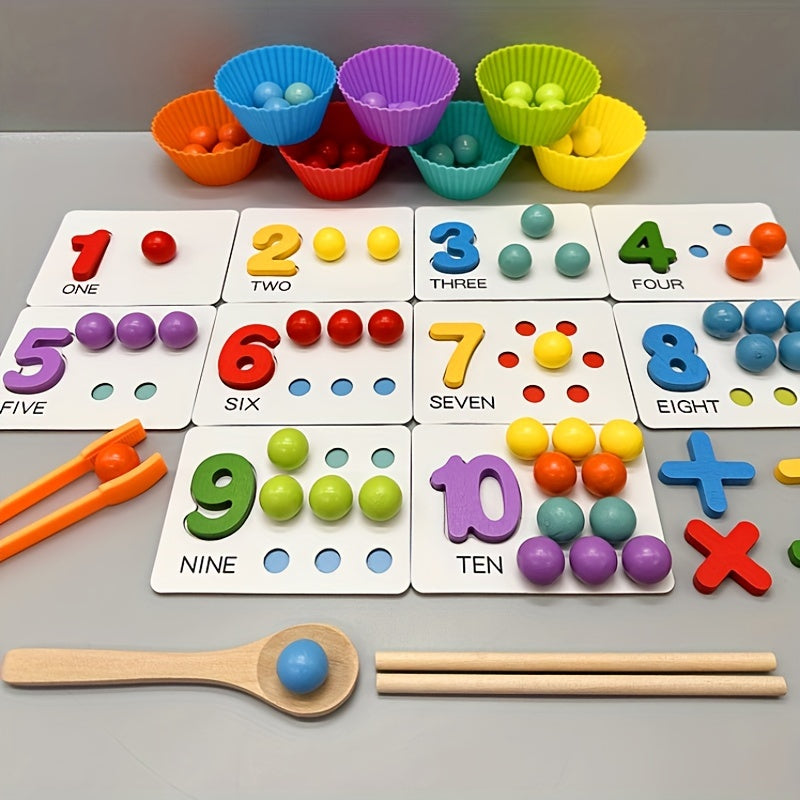 Wooden Number Counting Game for - Educational Preschool Math Learning Toy with Colorful Beads, Matching Cards and Clipping Tweezers for Cognitive Skills Development, Age 3+