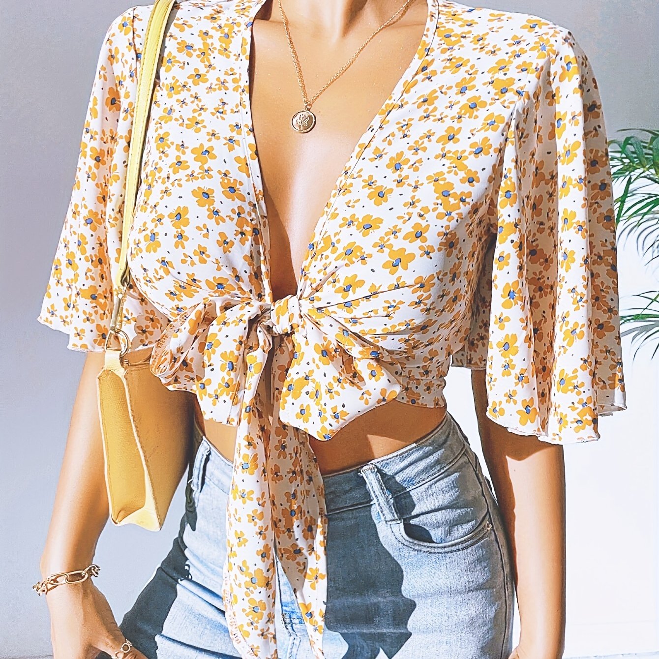 Floral Print Knotted Front Blouse, Casual Ruffle Sleeve Top For Spring & Summer, Women's Clothing