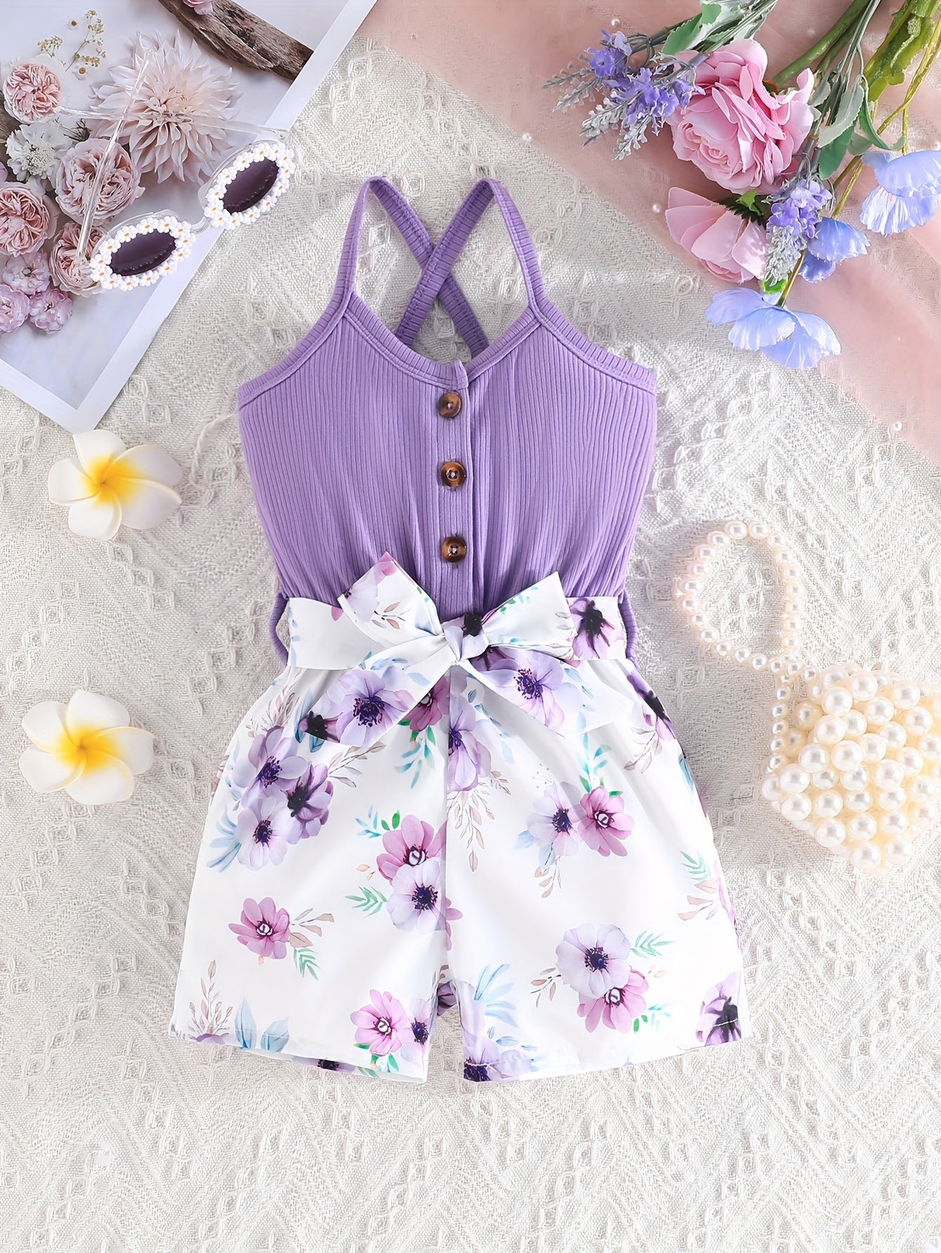 Girls' Summer Casual Floral Print Off-Shoulder Jumpsuit with Adjustable Waist Belt - Lightweight Breathable Shorts for Outdoor Play & Daily Wear, Blue & White Flower Design, Perfect for Weekend Outings, Cute Outfits for Girls