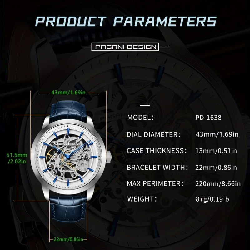 Pagani Design 2023 Men's Automatic Skeleton Watch, Self-Winding, Stainless Steel, Leather Strap, Pointer Series, Water Resistant To 100 Meters Sports Leather Watch