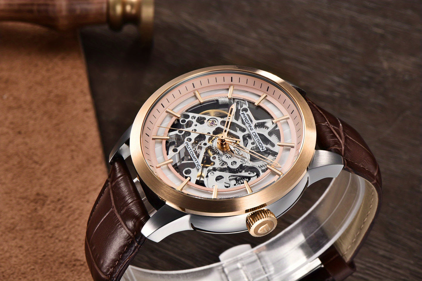 Pagani Design 2023 Men's Automatic Skeleton Watch, Self-Winding, Stainless Steel, Leather Strap, Pointer Series, Water Resistant To 100 Meters Sports Leather Watch