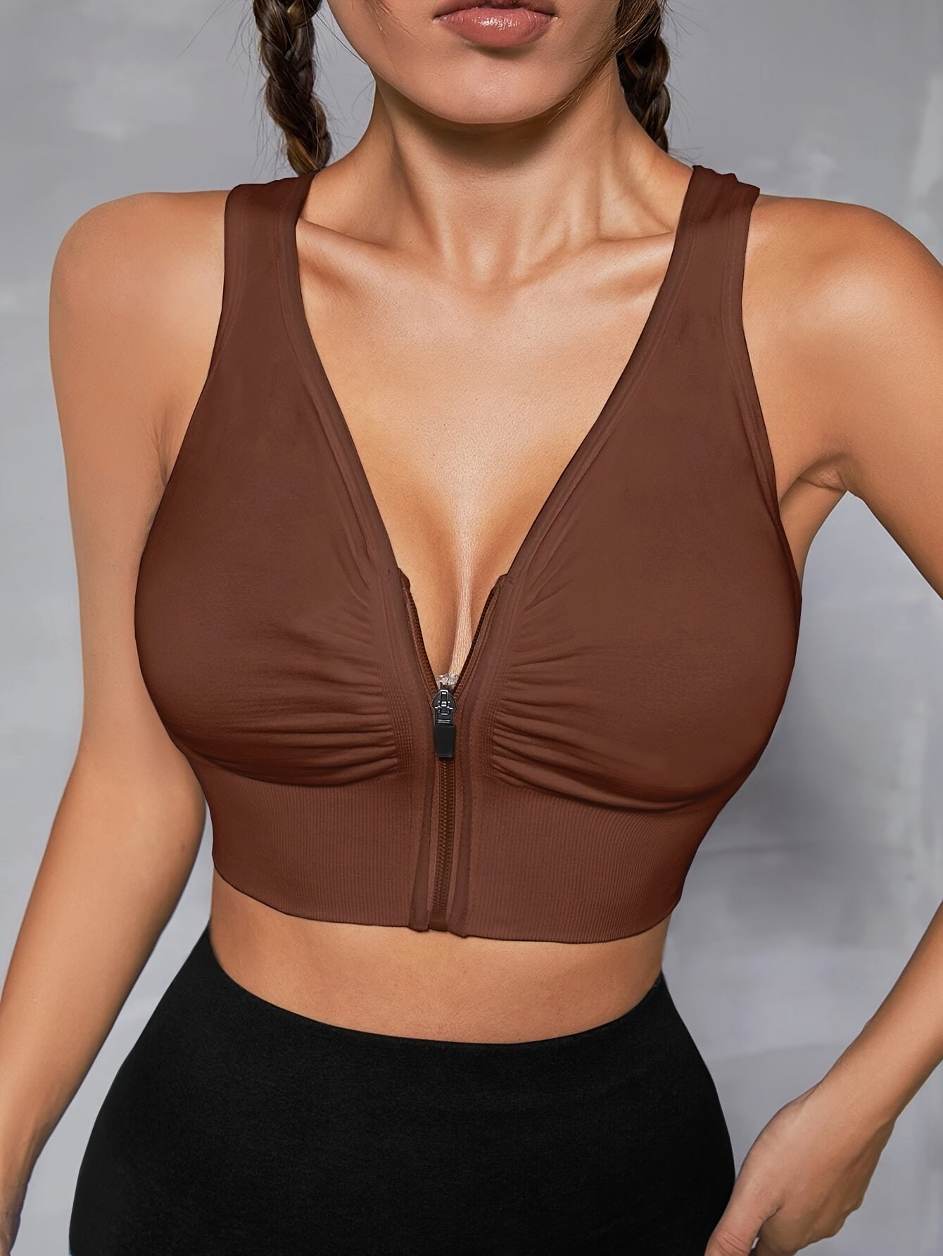 Women's Seamless Sports Bra With Zipper Front, Wide Shoulder Straps, Padded, Wire-Free, Comfort Fit, Racerback, Gym Fitness Yoga Bra Top