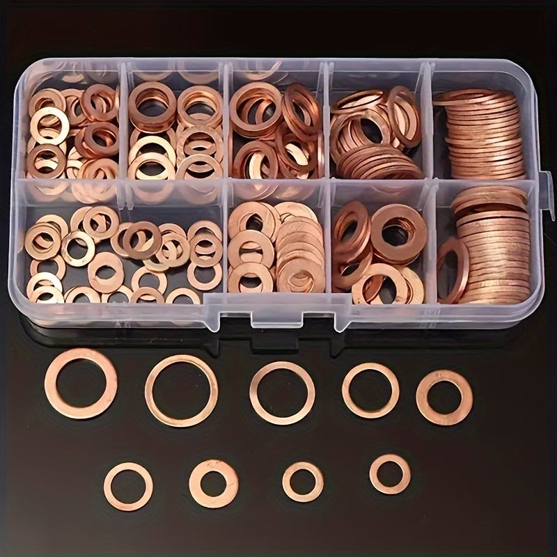 100pcs Copper Washer Gasket Nut And Bolt Set, Flat Ring Seal Assortment Kit With Box,/M5/M6//M8/M10/M12/M14 For Sump Plugs