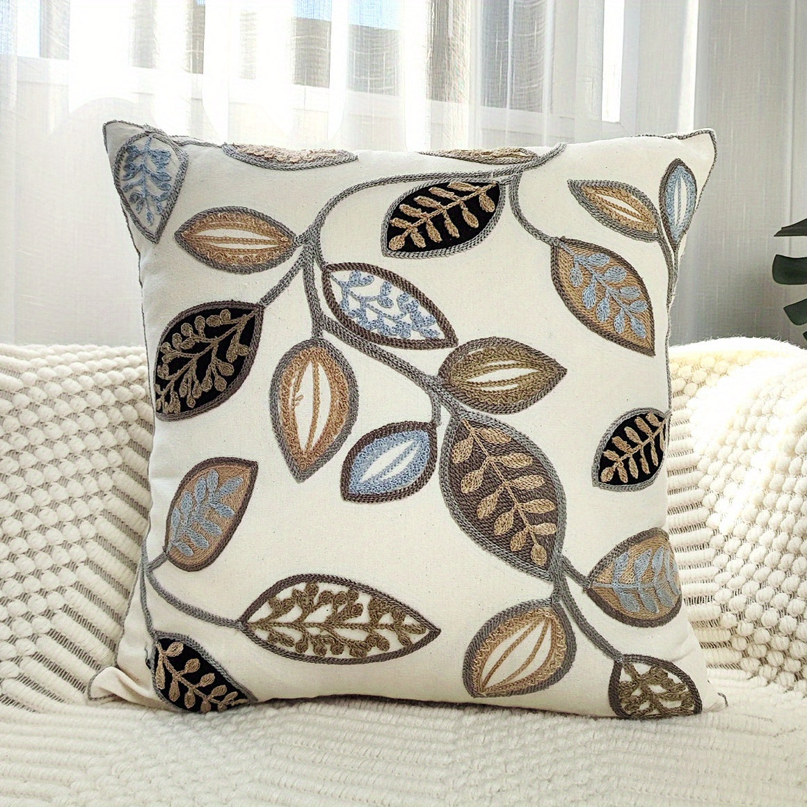 1pc Leaf Embroidered Decorative Throw Pillow Case, Canvas Cushion Cover For Living Room, Home Decor