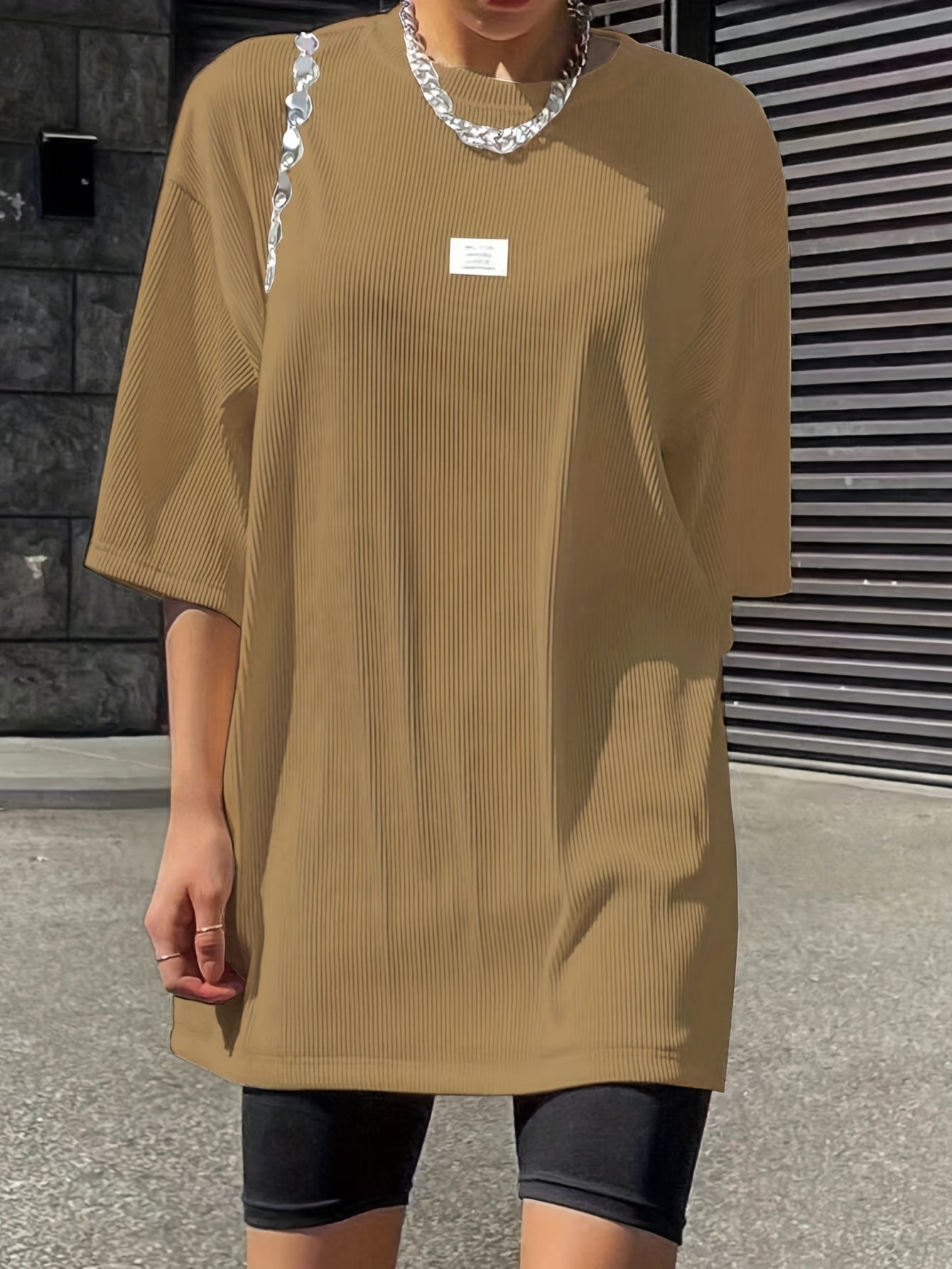 Oversized Drop Shoulder Ribbed T-Shirt, Casual Crew Neck Short Sleeve T-Shirt For Spring & Summer, Women's Clothing