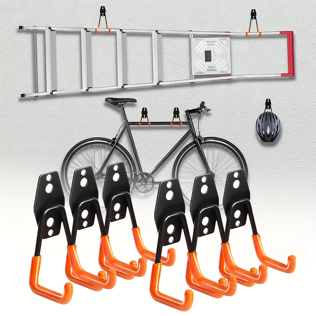 10pcs Heavy Duty Metal Garage Storage Hooks, Wall Mounted Utility Organizer for Ladders, Bikes, and Hose Management - Industrial Strength, Space Saving Design with Orange Clamps for Secure Hold
