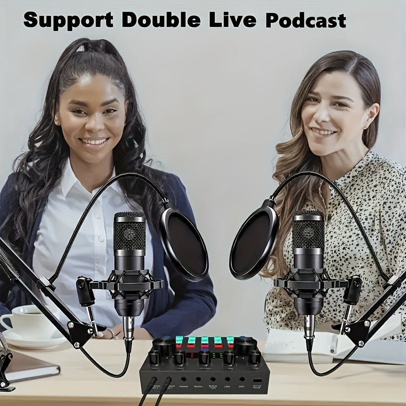 All-in-One Streaming Audio Kit with BM800 Microphone, V8S Mixer, and Multiple Accessories - Durable Metal Body, USB/Power Supply, Noise Cancellation, One-Click Sound Effects, Dual Device Connection, Ideal for Podcasting, YouT