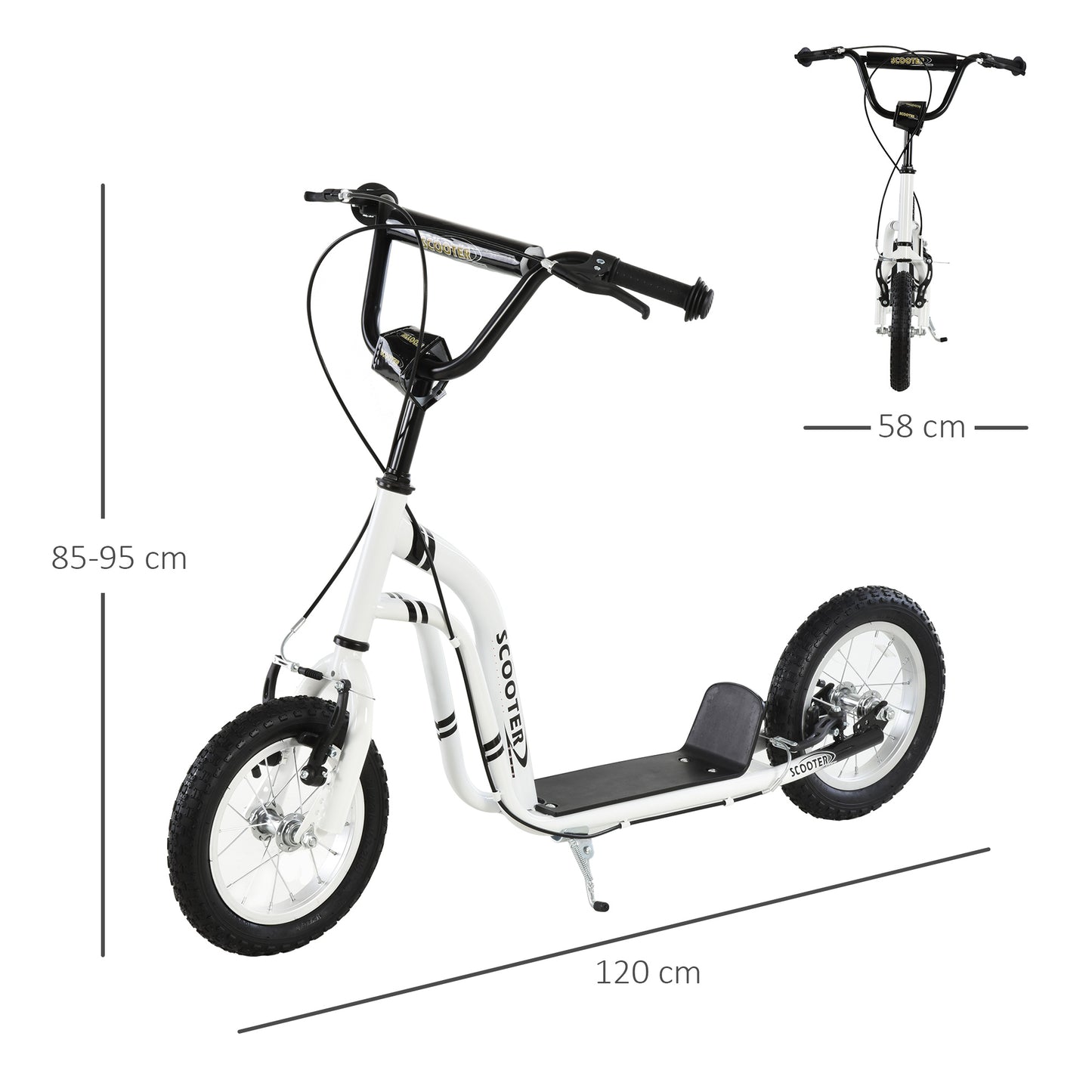 HOMCOM Scooter for Children Over 5 Years Old 2 Inflatable Rubber Wheels with Adjustable Handlebar Brakes Anti-Slip Pedal 120X58X85-95 Cm White