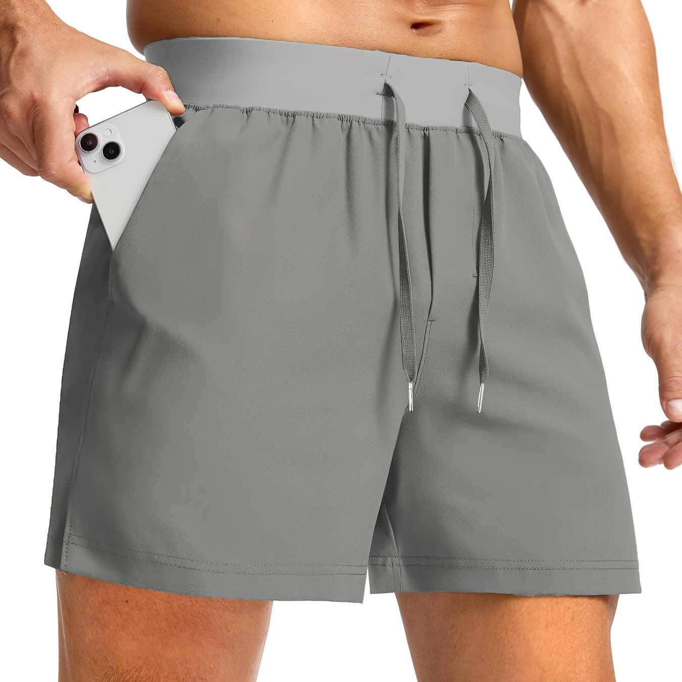 Men'S Light Gray Running Shorts with Zipper Pockets - Adjustable Drawstring, Quick-Dry Athletic & Casual Shorts for Gym, Training, Hiking, and Everyday Wear