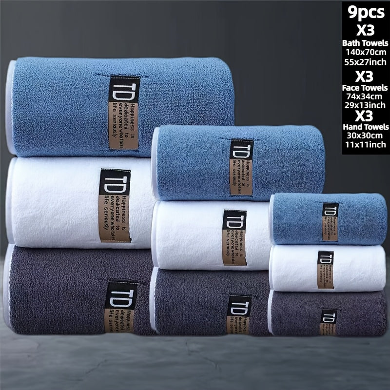 9pcs Large Size Three Colors Super Soft Super Absorbent Bath Towel Set, Blue, White, Gray Composition, Exquisite and Durable, Not Shedding, 5-Star Standard