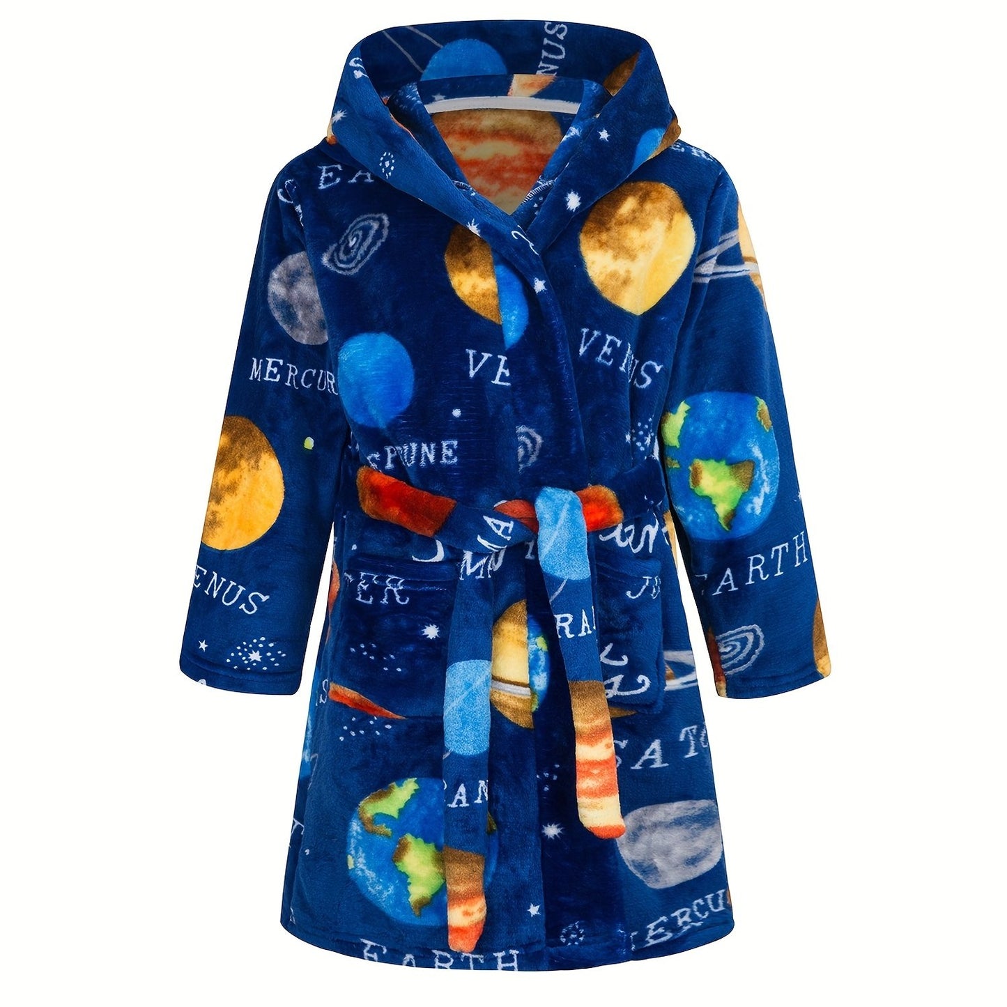 Kids Flannel Bathrobes Boys Hoodie Robes Soft Astronaut Planet Print Sleepwear Kids Clothes