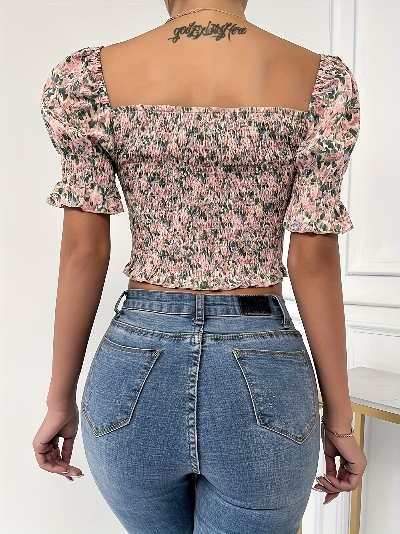 Floral Print Bow Front Blouse, Casual Short Sleeve Top For Spring & Summer, Women's Clothing