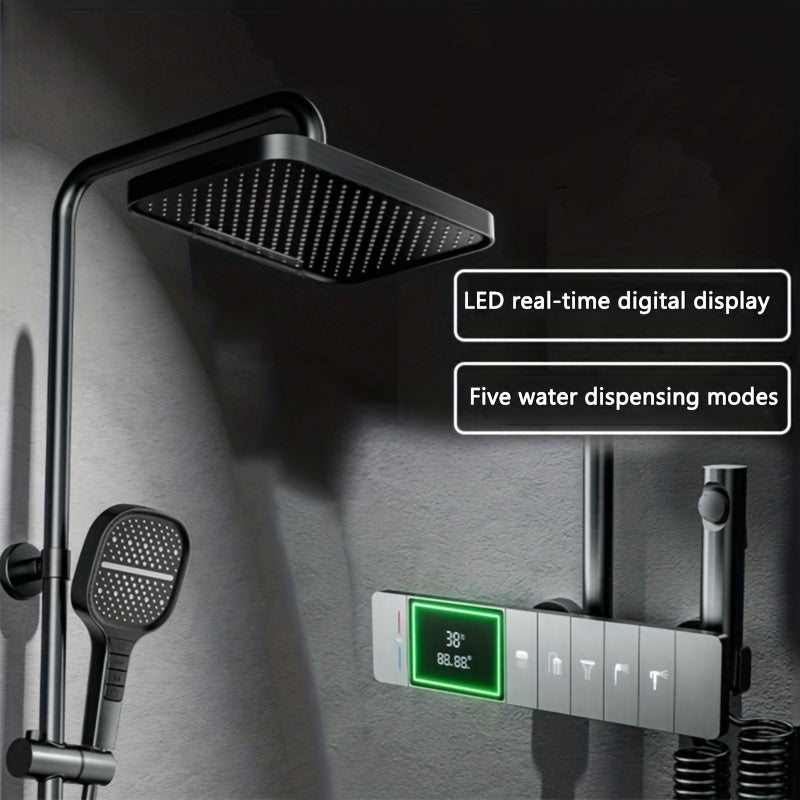 A Set of Piano Key Digital Display Shower System, Five Water Outlet Modes, Built-In Ambient Lighting, Hydropower Generation, All-Copper Body, Extra-Large Display Screen, 2025 Latest Model.