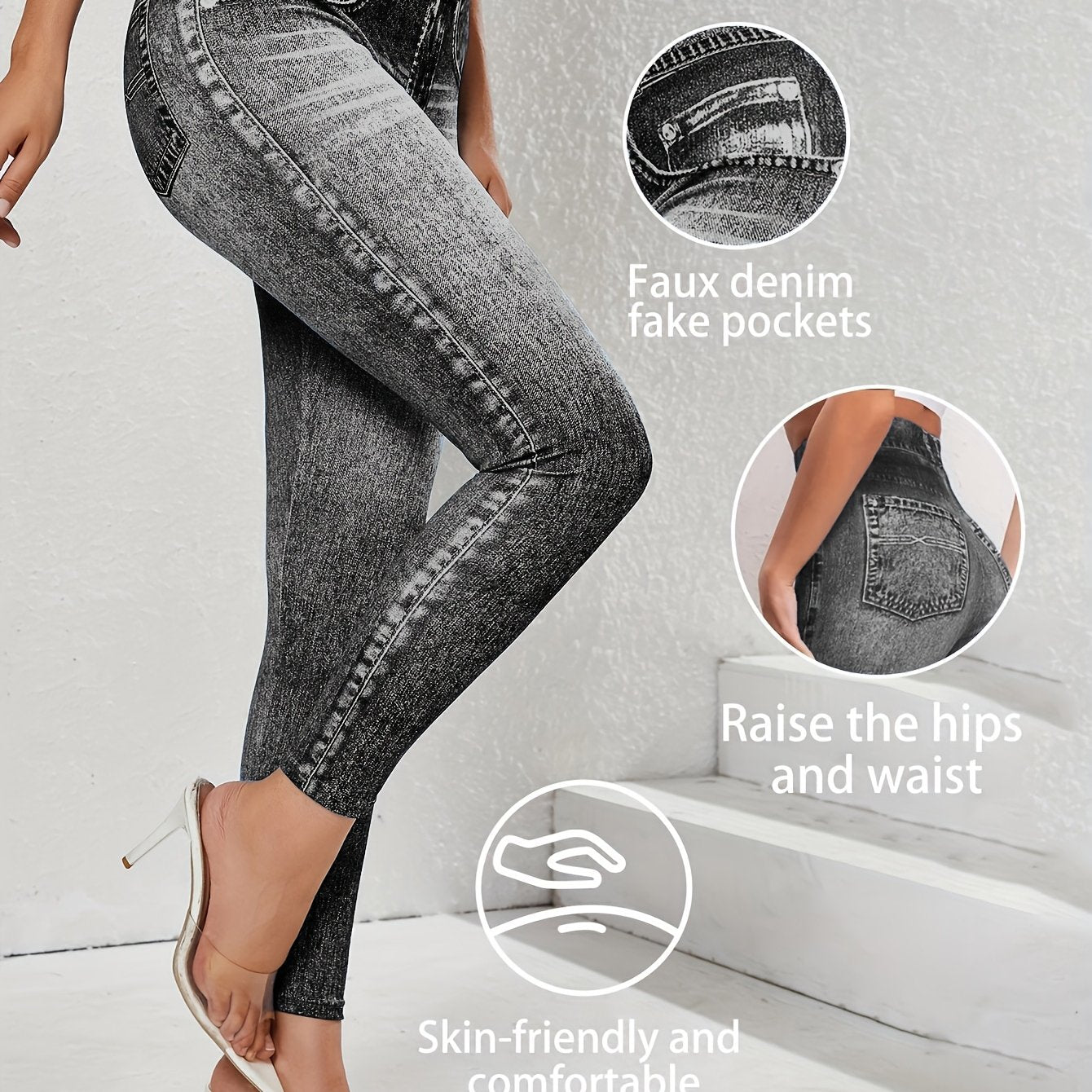 【imitation denim】New Women'S Fashion Casual Trendy Comfortable Breathable High-Waisted Stretchy Blue Faux Denim-Like Printed Leggings for Daily Commuting, Enhancing The Hips And Waist, Women'S Base Layer Pants, Fitted Leg