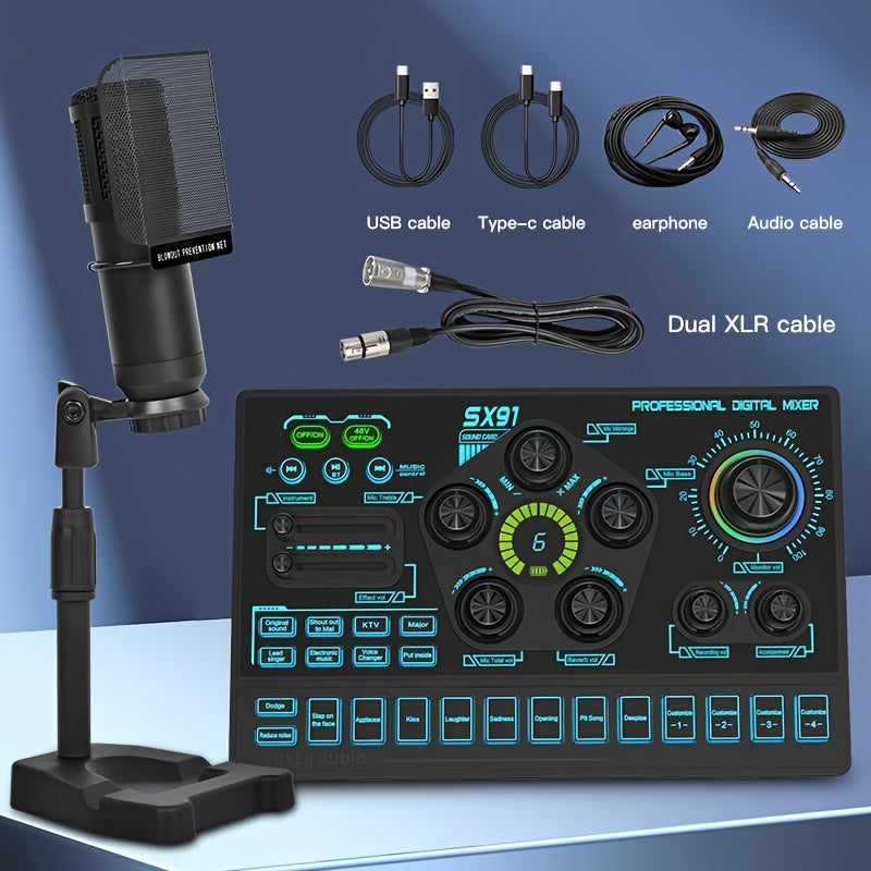 Podcast Live Broadcast Kit, SX91 Live Sound Card + BM800 Podcast XLR Condenser Microphone, Professional Mixing Equipment Set, Ideal for Gaming, Live Broadcasting, Recording Streaming Podcasts, Video Studio, Compatible with La