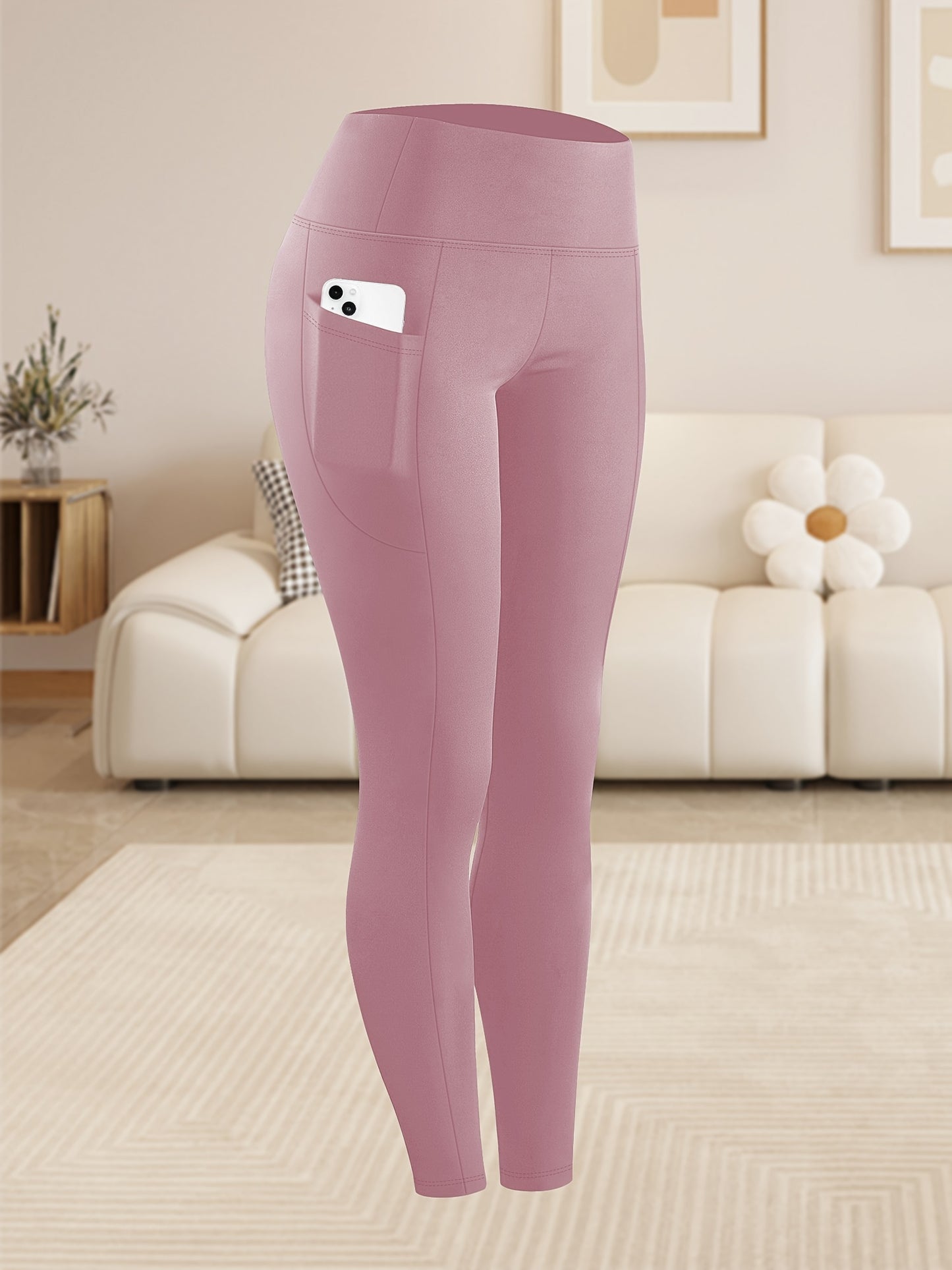 Women'S Plus Size High Waist Tummy Control Leggings with Side Pockets, 88% Polyester 12% Elastane, Knit Fabric, Stretchy Cropped Yoga Pants for Running & Fitness, All Season Solid Color Athletic Skinny Pants