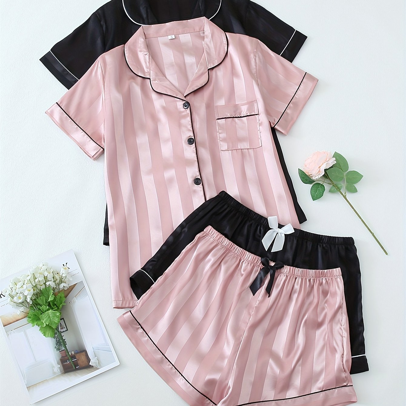 2 Sets Women's Striped Satin Casual Pajama Set, Short Sleeve Buttons Lapel Top & Shorts, Comfortable Relaxed Fit