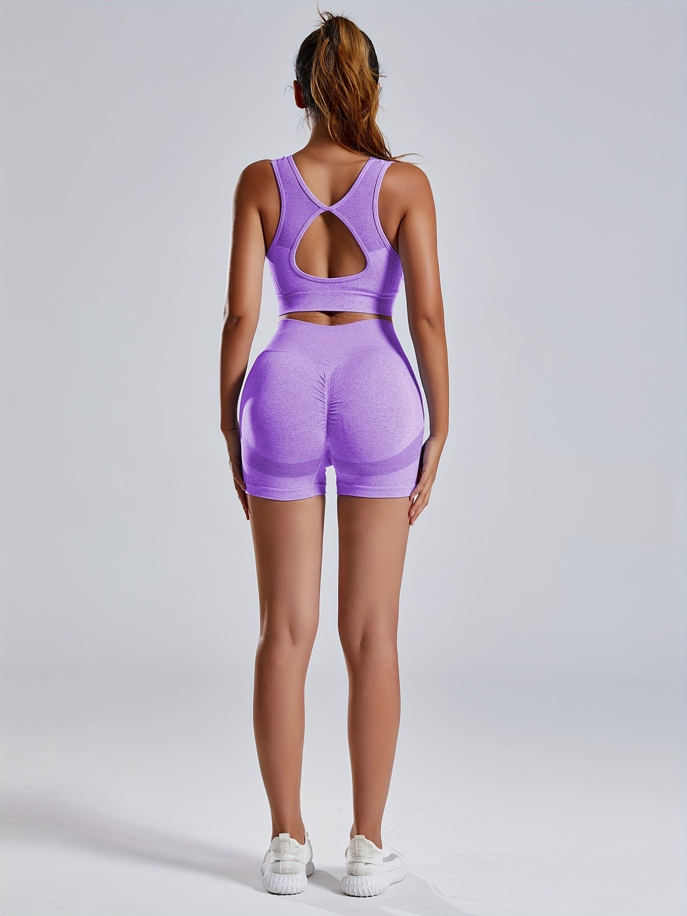 Women'S Seamless Sports Yoga Set, Summer New High Stretch Knit Fabric, Solid Color Polyamide 90% Elastane 10%, Short Length Fitness Gym Wear with Backless Bra and Butt Lifting Yoga Pants