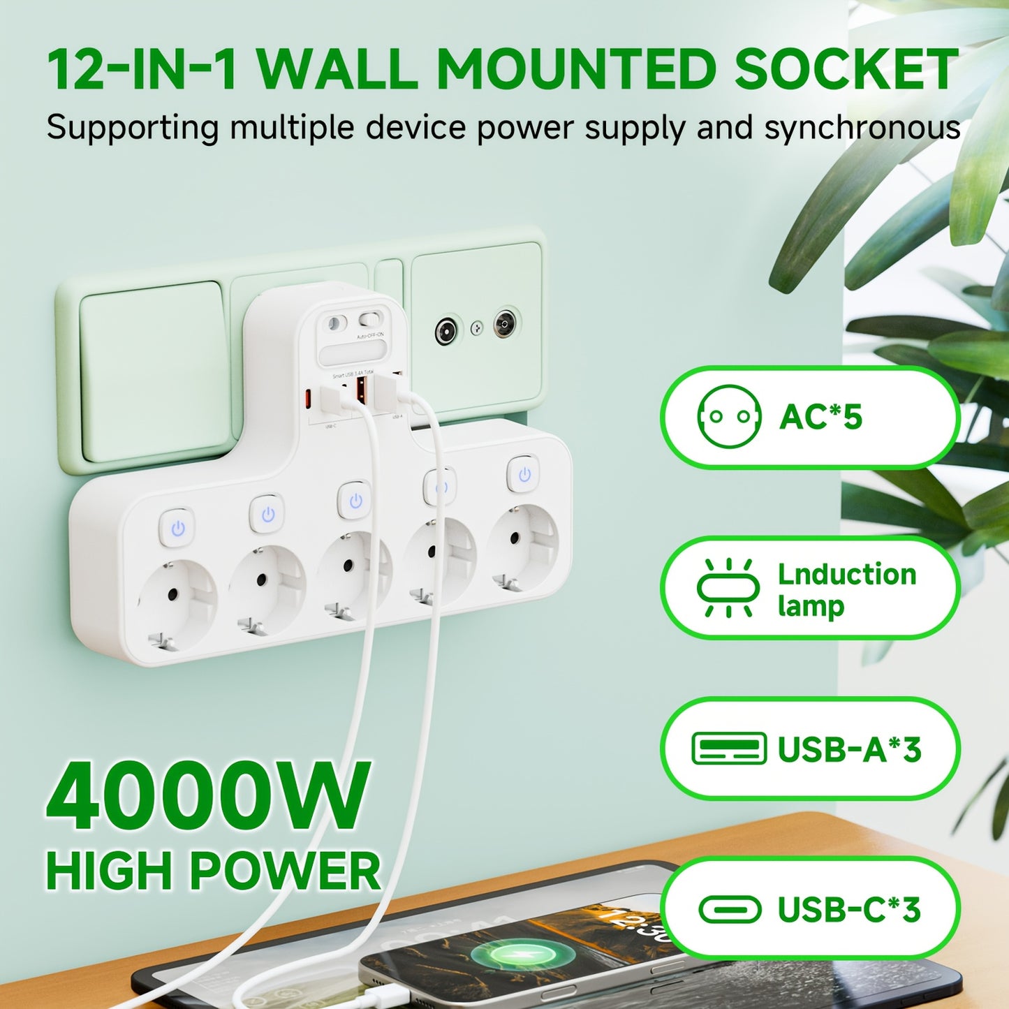 European Wall Power Strip with 5 AC Outlets & 3 USB-A/3 USB-C Ports, Smart Power Strip with Individual Switches, Overload Protection, 3 Lighting Modes & Auto On/Off Timer, EU Plug (220V) for Home, Office, Dorm - Space-Saving