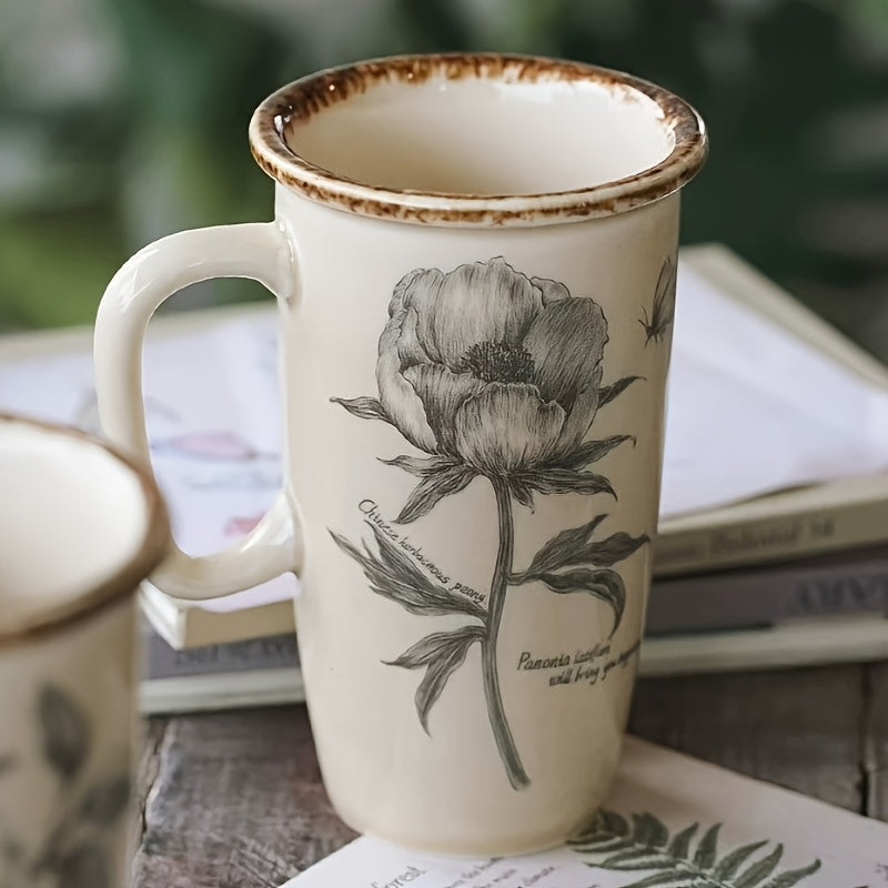 Vintage Ceramic Mug Large Capacity Flower Cup French Home Office Coffee Cup Water Cup Latte and Herbal Tea Cup, Best for Christmas, Perfect for Thanksgiving