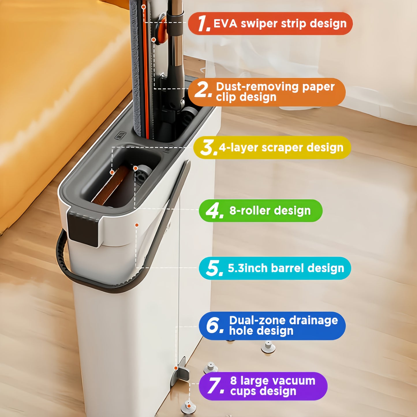 Mop And Bucket Set, Upgraded Slim Gap Storage 2-in-1 Hands-Free Mop Bucket Set, Integrated Scrubbing and Washing Design for Wooden Floors and Tiles, Space-Saving Portable Home Cleaning Tool, Comes with 2 Washable and Reusable