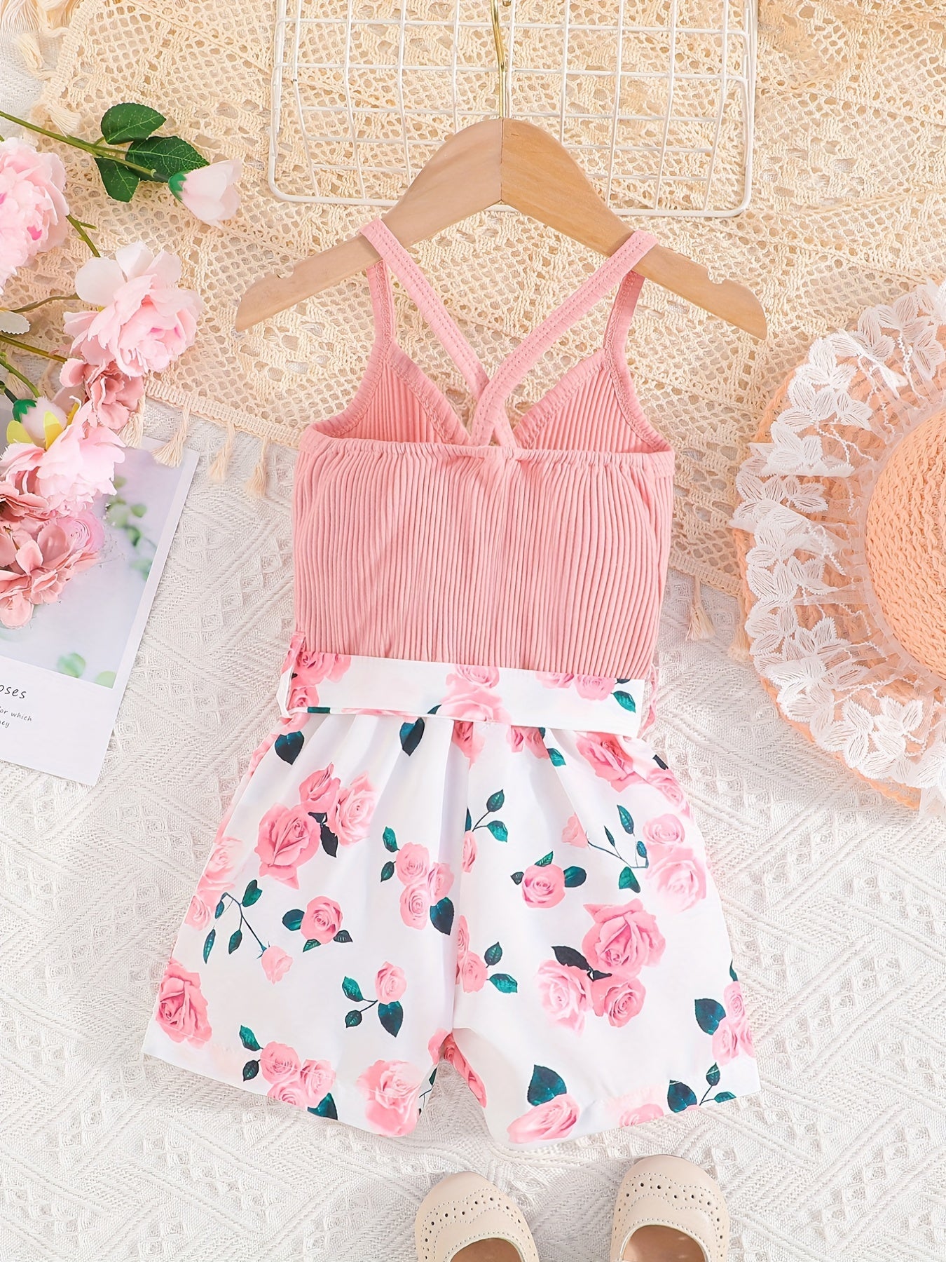 Girls' Summer Casual Floral Print Off-Shoulder Jumpsuit with Adjustable Waist Belt - Lightweight Breathable Shorts for Outdoor Play & Daily Wear, Blue & White Flower Design, Perfect for Weekend Outings, Cute Outfits for Girls