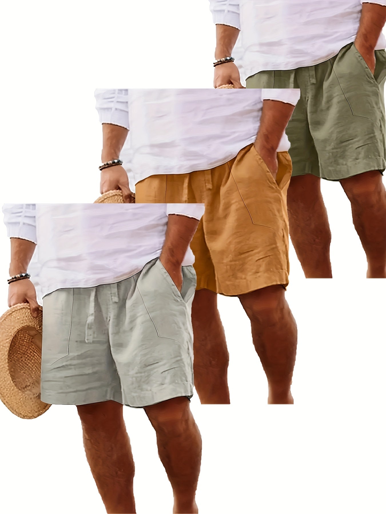 Men's Summer Shorts, Drawstring Elastic Waist, Straight Leg Solid Color Breathable Casual Beach Capri Pants - Three-Pack