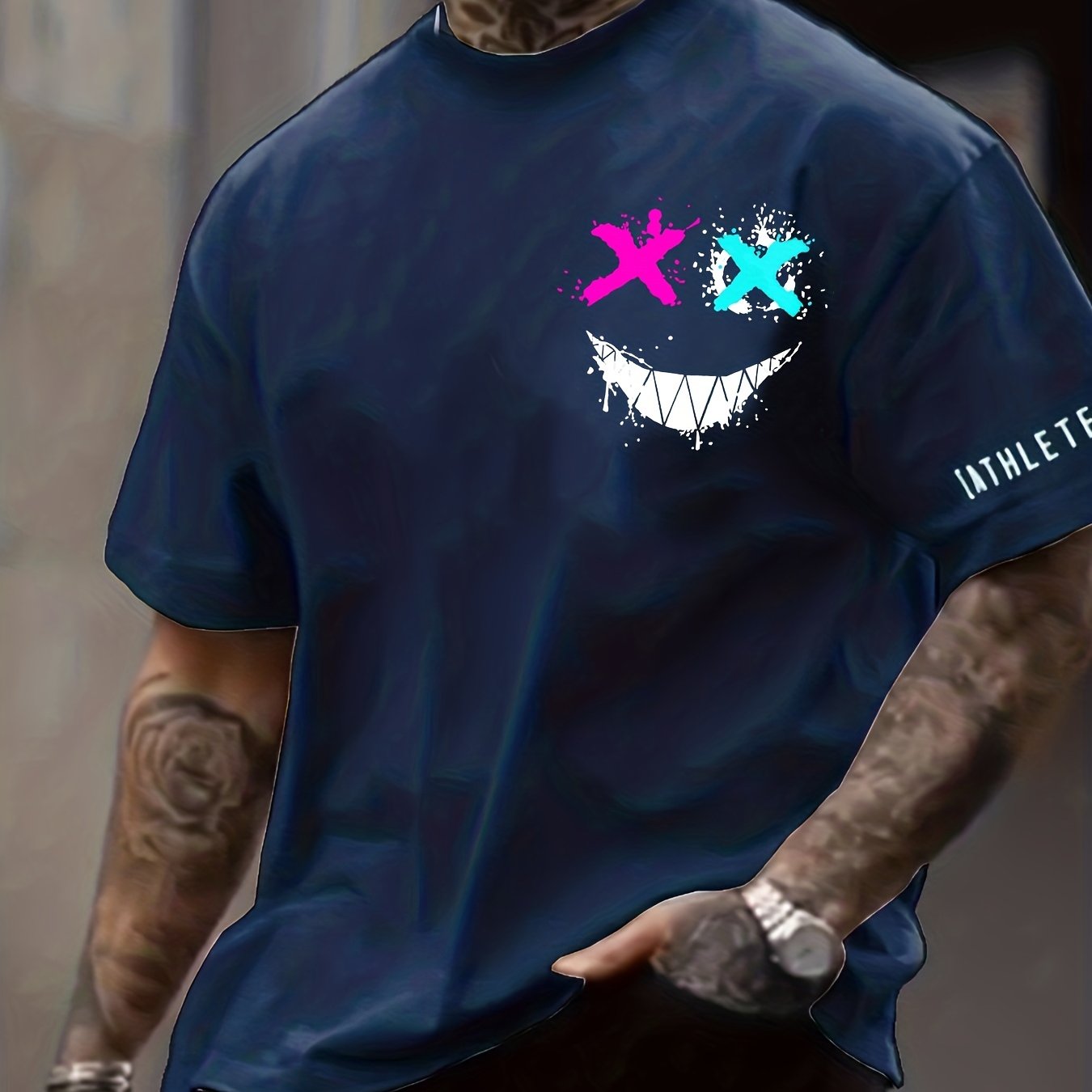 Smile Face Print, Men's Graphic Design Crew Neck T-shirt, Casual Comfy Tees Tshirts For Summer, Men's Clothing Tops For Daily Vacation Resorts