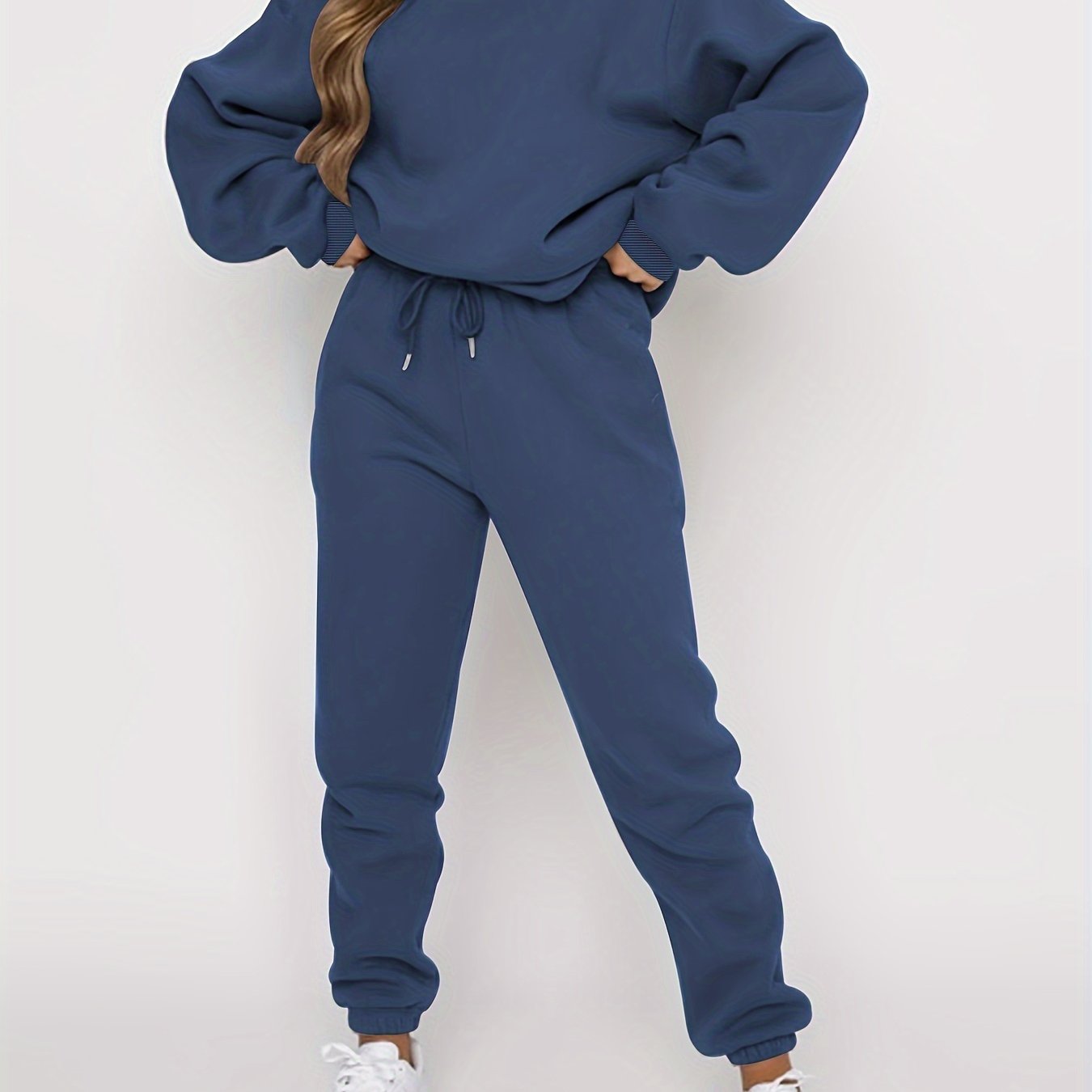 Solid Casual Two-piece Set, Crew Neck Long Sleeve Tops & Drawstring Jogger Pants Oufits, Women's Clothing