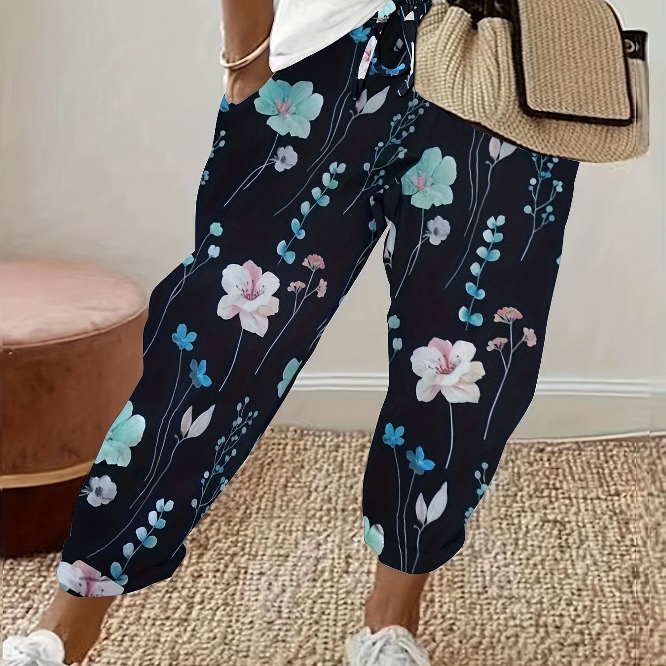 Floral Print Drawstring Straight Leg Pants, Casual Dual Pockets Pants For All Season, Women's Clothing