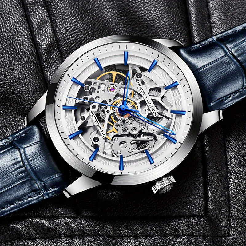 Pagani Design 2023 Men's Automatic Skeleton Watch, Self-Winding, Stainless Steel, Leather Strap, Pointer Series, Water Resistant To 100 Meters Sports Leather Watch