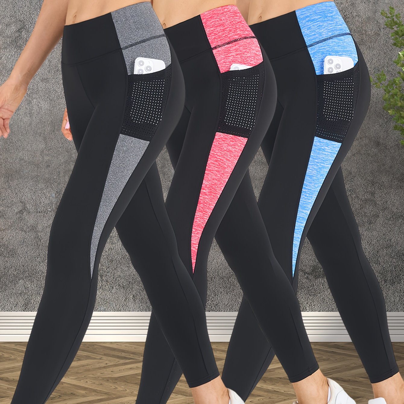 3-Pack Women's Yoga Pants Non-See-Through High-Waisted Workout Leggings - Sweat Absorbent Quick-Dry Yoga Pants with Side Pocket, Stretchy Gym Running Pilates Pants for Women (Black/Gray/Pink Accents - Affordable 3-Pack Deal),