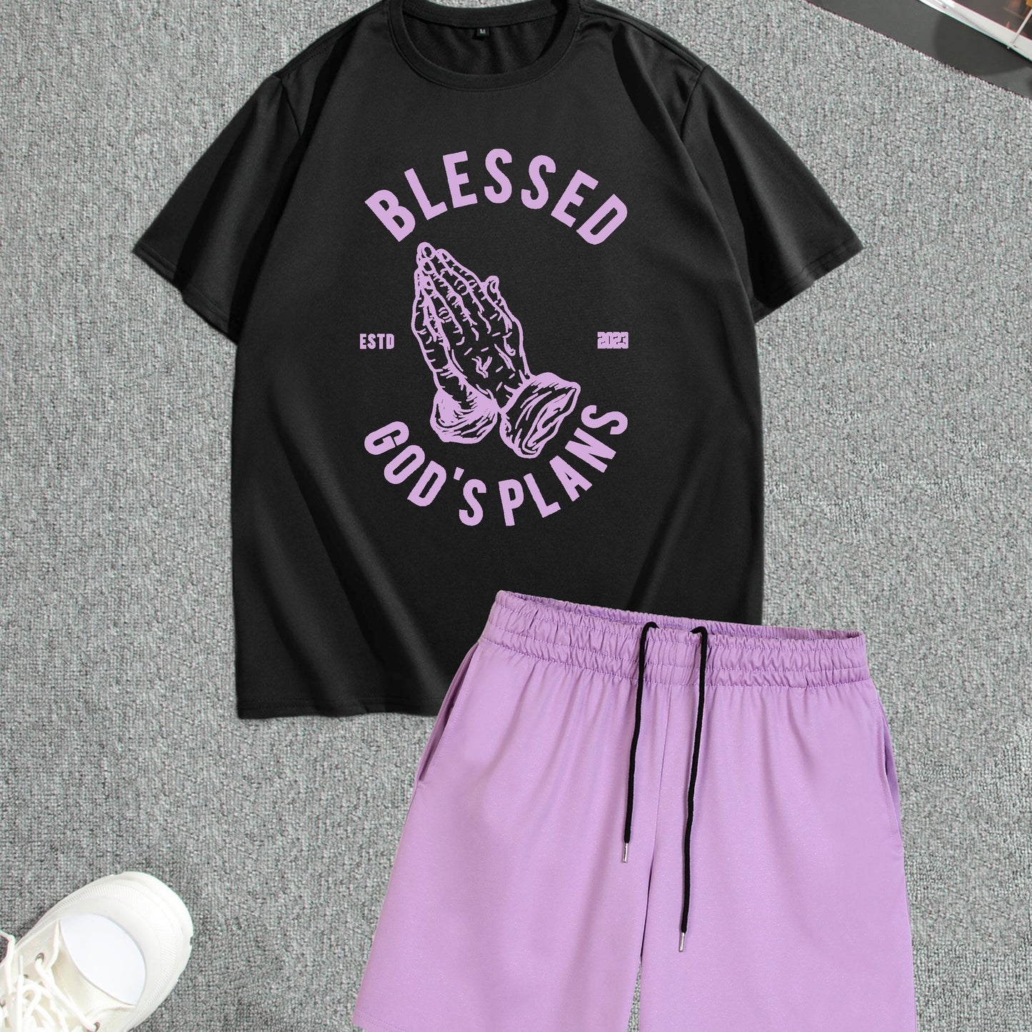 Men's Street Style Summer 2PCS Outfits, Male's Trend TRUST Graphic Short-sleeve Crew Neck T-shirt Drawstring Shorts Set, Casual Clothes For Men