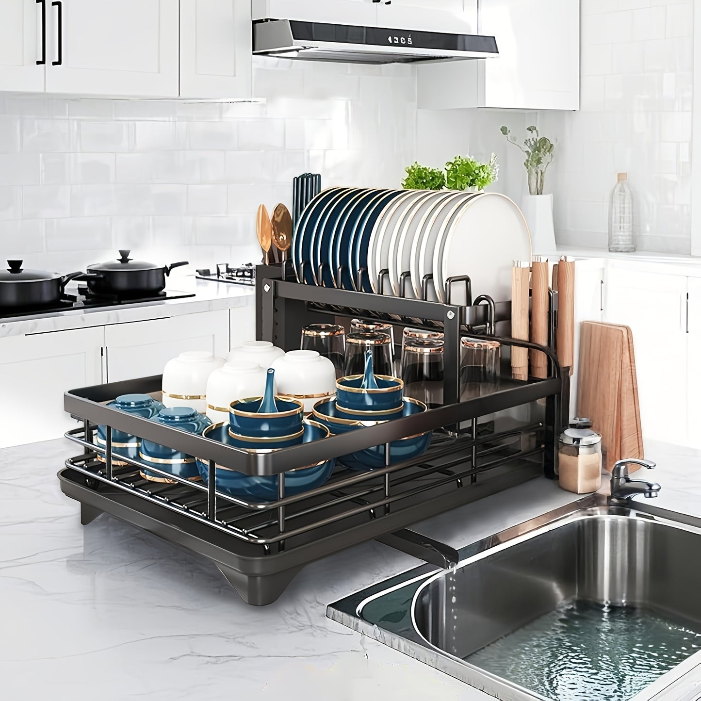 2-Tier Black Iron Kitchen Dish Rack - Large Capacity Organizer with Drainboard, Utensil Holder & Cup Hooks, Foldable Space-Saving Design for Plates, Bowls, Pots, Cutlery - Durable Powder-Coated Finish, Dish Drying Rack for Ki