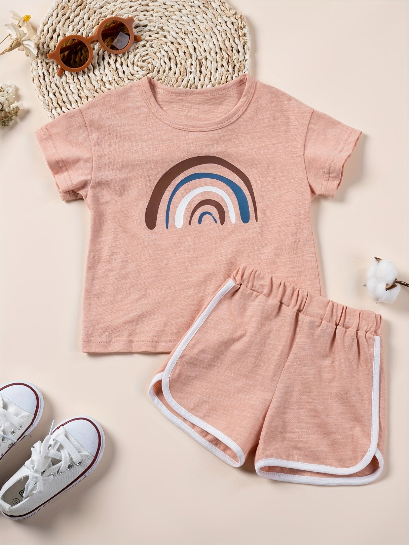 Toddler Kids Clothes Sets For Summer Rainbow Printed T-shirt And Short Pants 2pcs Girls Outdoor Clothing Suits Casual Style Children Cotton Tracksuits