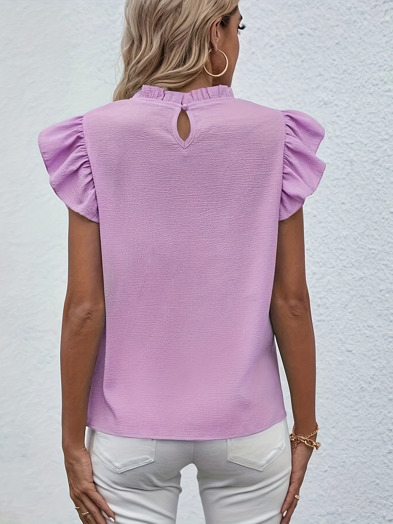 Ruffle Trim Round Neck Blouse, Casual Flutter Sleeve Blouse For Spring & Summer, Women's Clothing Wedding holiday vacation