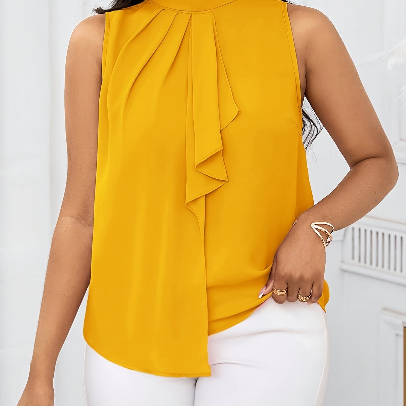 Women'S Fashion Solid Color High Neck Sleeveless Top, 100% Polyester, Lace-Up Detail, Woven Fabric, 120g/m², Regular Length, All-Season Wear