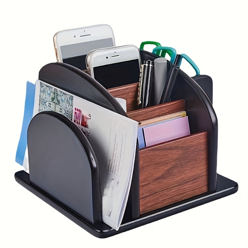 1pc Creative Multi-Functional Wooden Desk Organizer with 360 Rotation, Office Remote Control Holder, Pen Cup, No Electricity Needed, Desk & Drawer Organizer for Home Storage