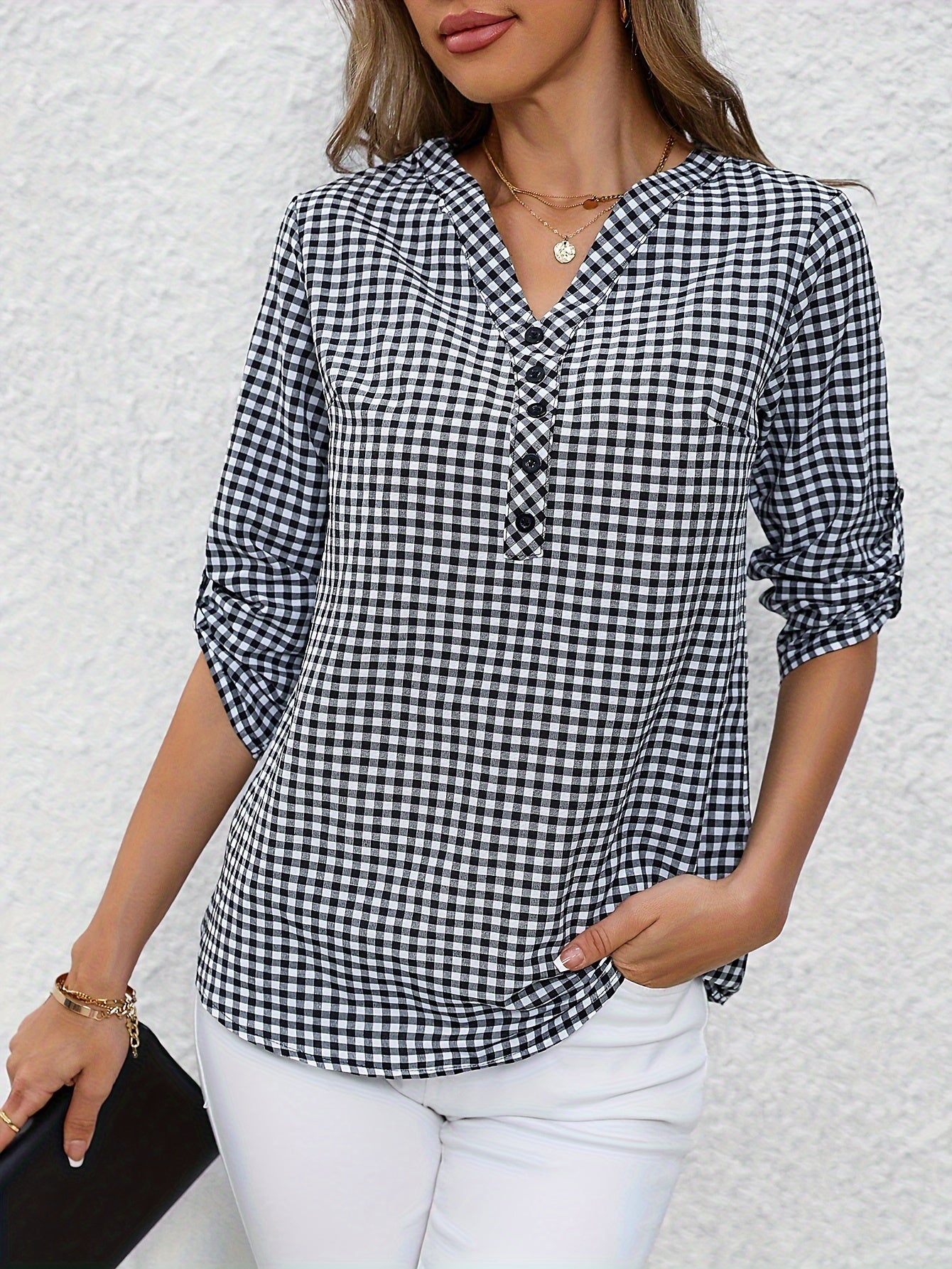 Plaid Print Button Notched Neck Blouse, Casual Rolled Sleeve Blouse For Spring, Women's Clothing