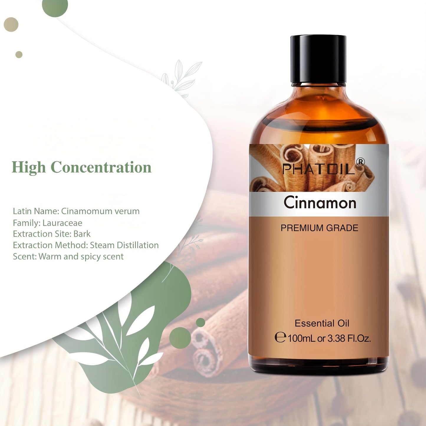 PHATOIL Cinnamon Premium Essential Oils 100Ml/3.38Fl.Oz. Long-Lasting Scent, Great for Aroma Diffusers, Air Purifier, Oil Burners