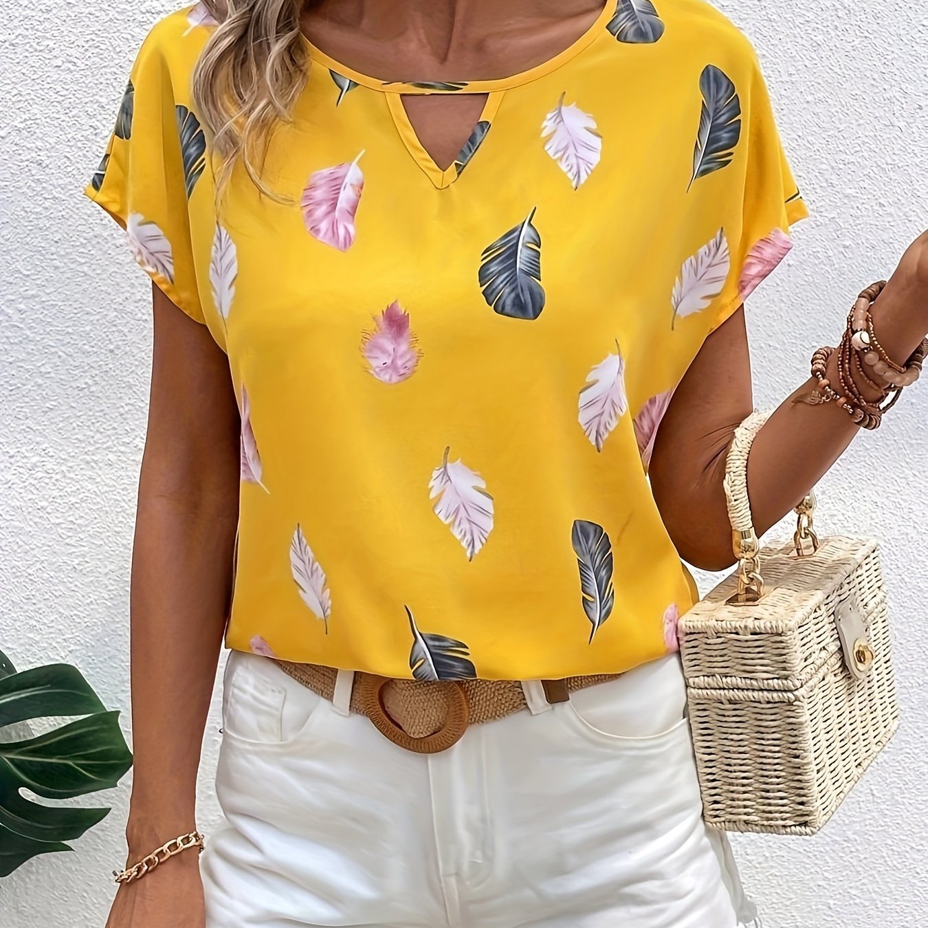 Vintage Graphic Print Cut Out Blouse, Casual Batwing Sleeve Blouse For Spring & Summer, Women's Clothing