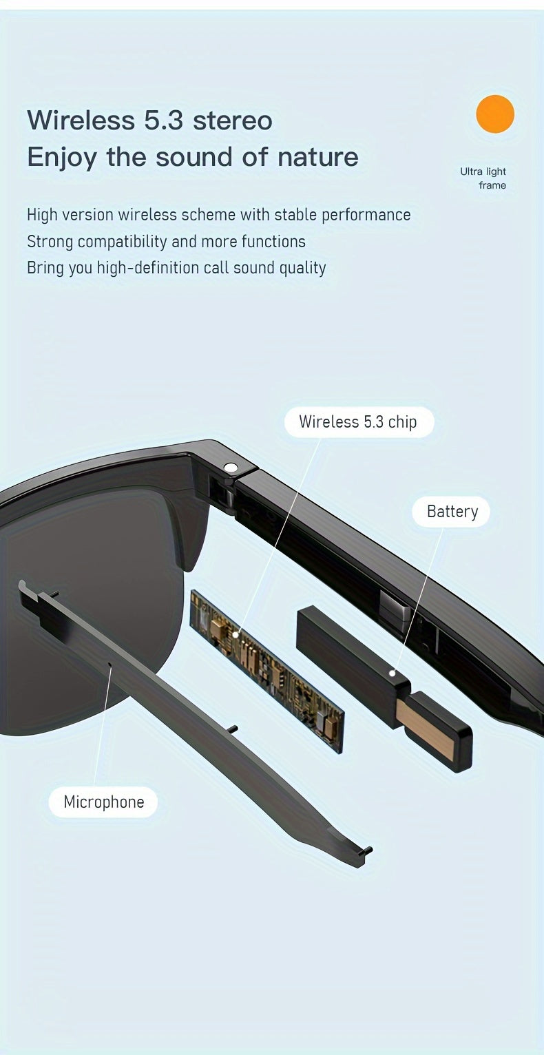 Smart Wireless 5.0 Sunglasses Multifunctional Glasses Wireless Call Play Music Outdoor Sports Headphones Rechargeable HIFI Sound Quality HD Lens Headphones Black Technology Unisex Touch Long Battery Life Anti-UV Lens