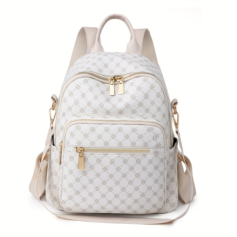 Women's Clover Backpack - Large Capacity, Adjustable Straps,, Zip Closure, Geometric Pattern, Beige//Black, Casual College Style, Perfect for Students and Travel, Backpack for School