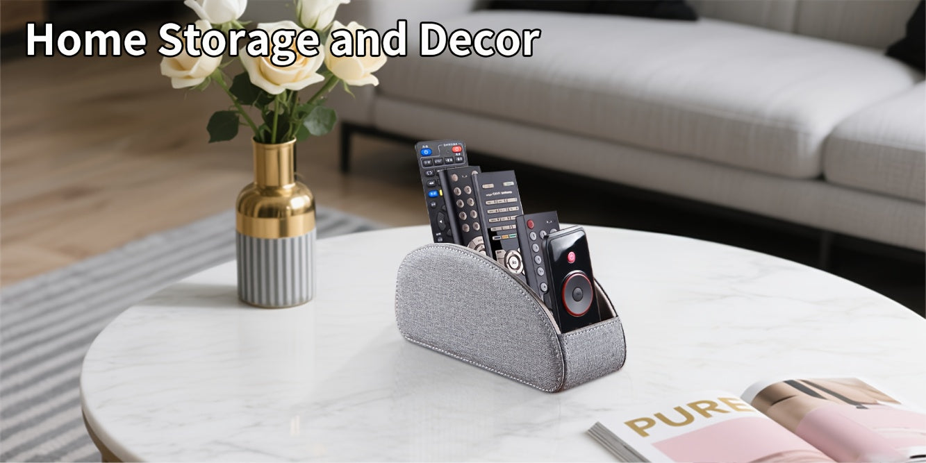 Remote Control Holder with 5 Compartments, PU Leather Multifunctional Desktop Storage Box/Remote Caddy/Pen Holder/Multi-Scene Practical Desk Organizer Shelf for Appliance Controllers, Stationery, Eyeglasses, Brushes, Office S