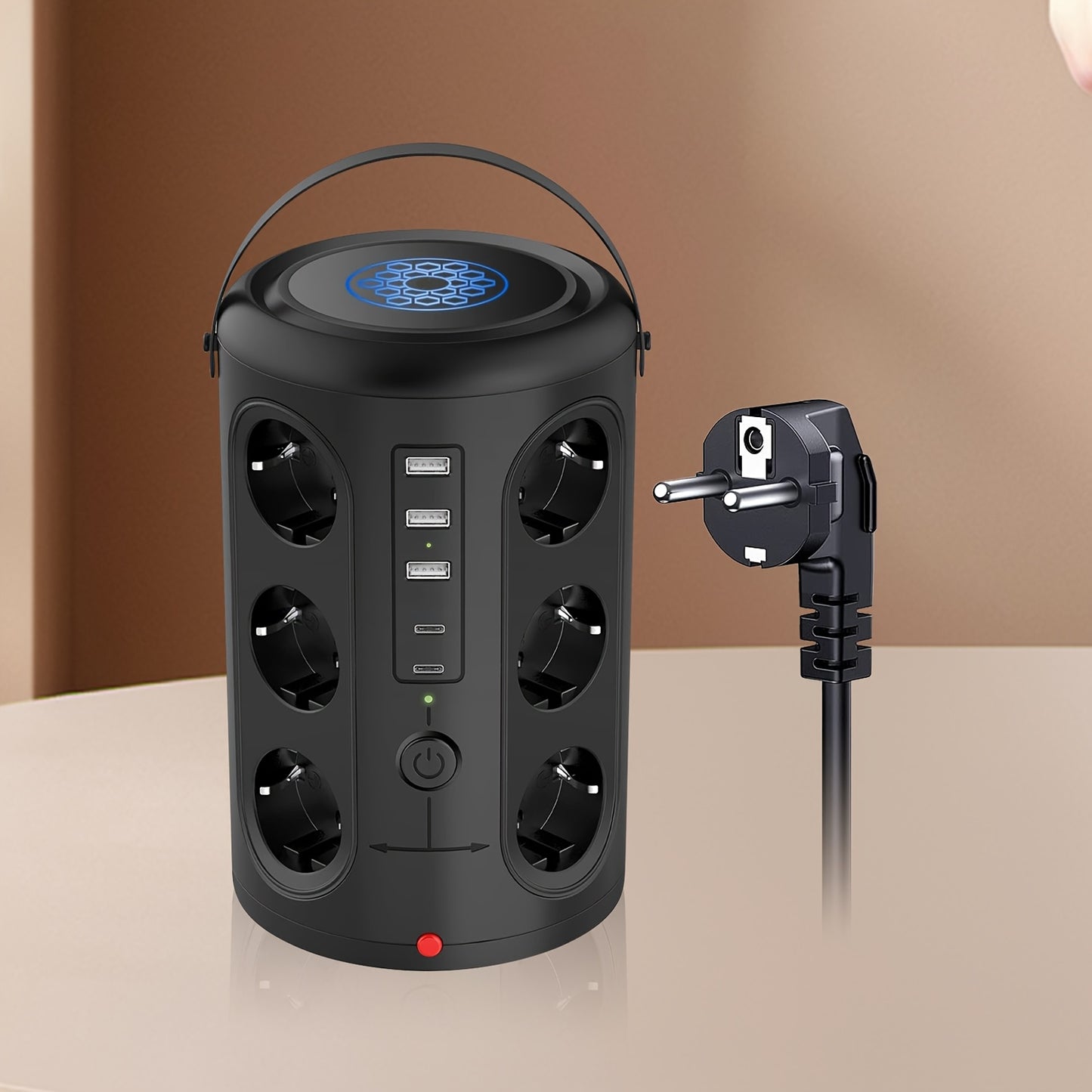 12-Slot Power Strip with 2 USB Fast Charging Ports, 2500W/10A, Voltage Protection, 2.8m Extension Cable, Desktop Tower Design & 2 Main Switches for Home/Office - EU Plug (Black)